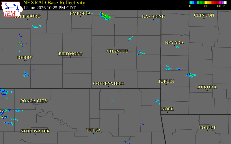 NEXRAD radar during the Friday, June 12, 2026 storm activity in Labette County, Kansas