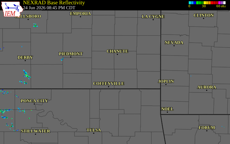 NEXRAD radar during the Wednesday, June 24, 2026 storm activity in Labette County, Kansas