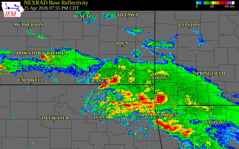 Radar snapshot during the Apr 25, 2026 tornado event near 5 ESE Cherryvale, Labette County, Kansas, with NWS warning polygons