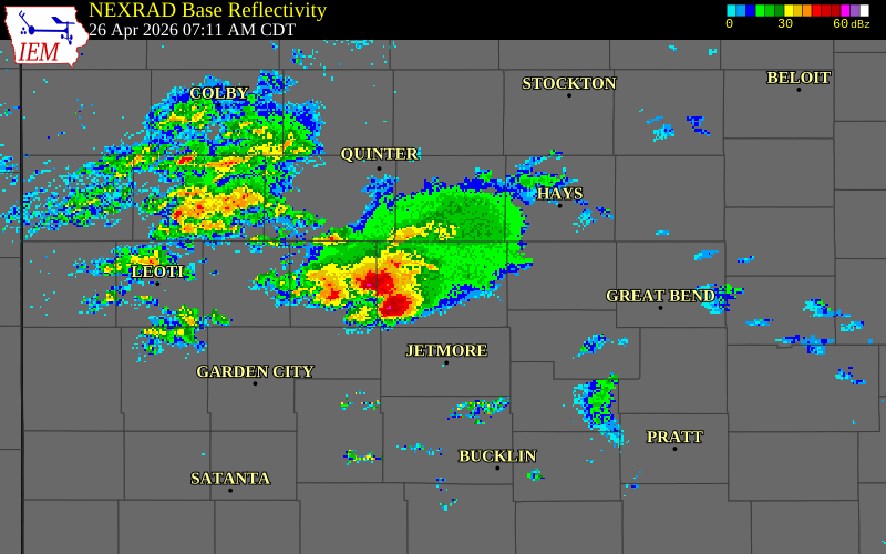 NEXRAD radar during the Sunday, April 26, 2026 storm activity in Lane County, Kansas