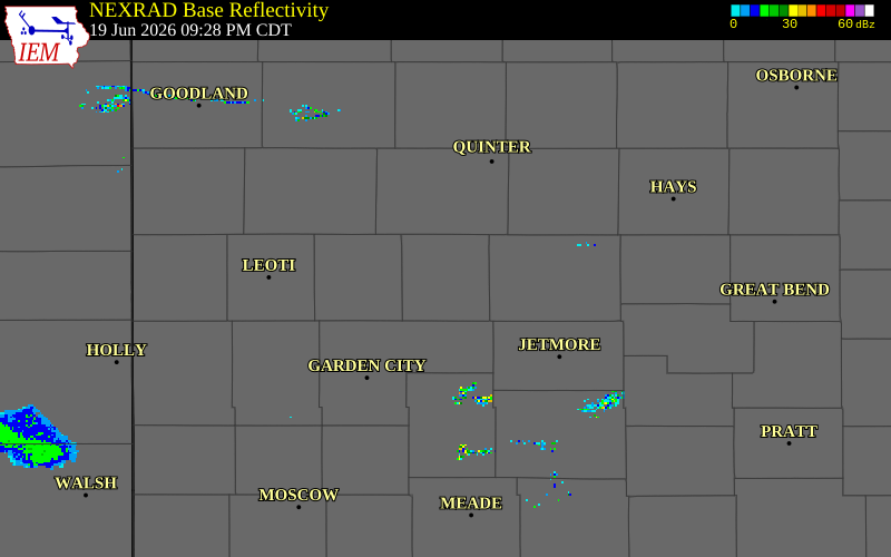 NEXRAD radar during the Friday, June 19, 2026 storm activity in Lane County, Kansas