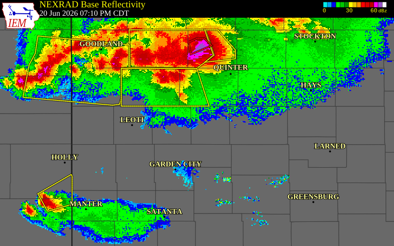 NEXRAD radar during the Saturday, June 20, 2026 storm activity in Lane County, Kansas