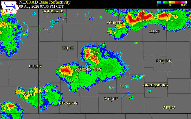 NEXRAD radar during the Sunday, August 9, 2026 storm activity in Lane County, Kansas