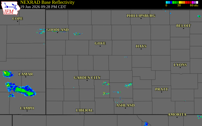 Radar snapshot during the Jun 19, 2026 hail event near Dighton, Lane County, Kansas, with NWS warning polygons