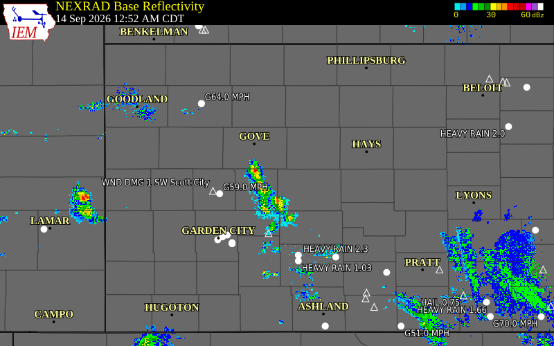 Current NEXRAD radar over Lane County, Kansas with recent storm report locations