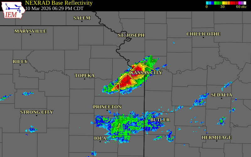 NEXRAD radar during the Tuesday, March 10, 2026 storm activity in Leavenworth County, Kansas