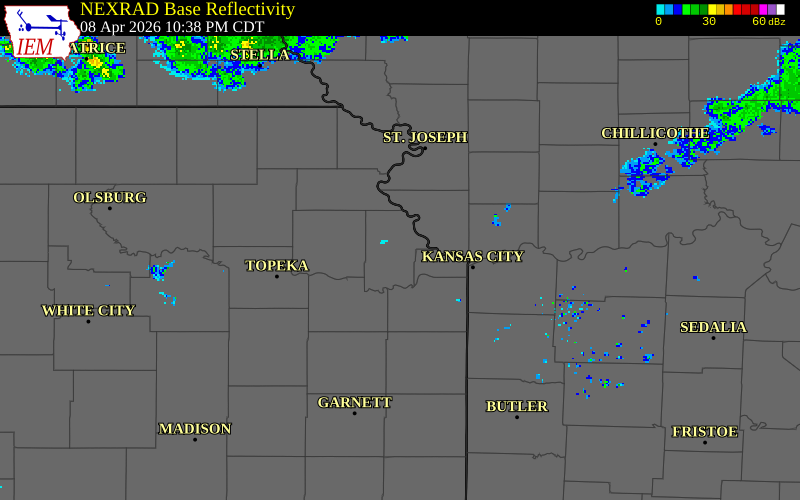 NEXRAD radar during the Wednesday, April 8, 2026 storm activity in Leavenworth County, Kansas