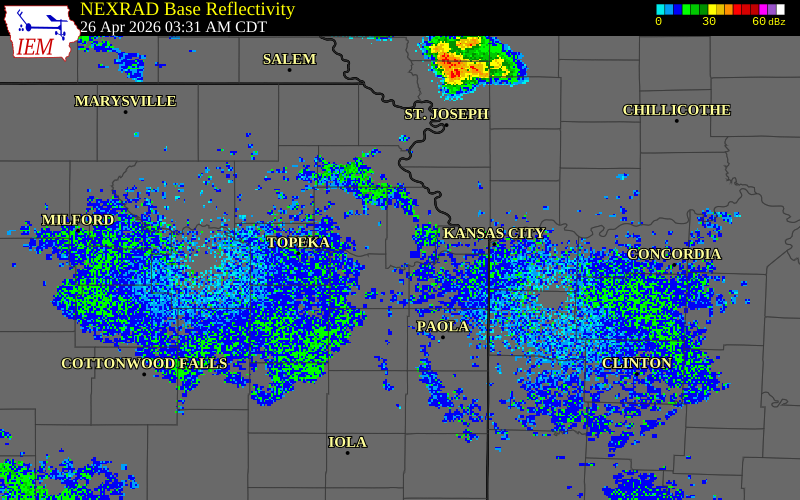 NEXRAD radar during the Sunday, April 26, 2026 storm activity in Leavenworth County, Kansas