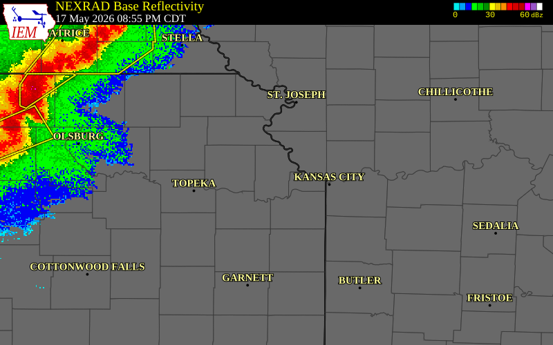 NEXRAD radar during the Sunday, May 17, 2026 storm activity in Leavenworth County, Kansas