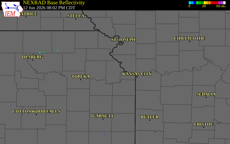 NEXRAD radar during the Friday, June 12, 2026 storm activity in Leavenworth County, Kansas