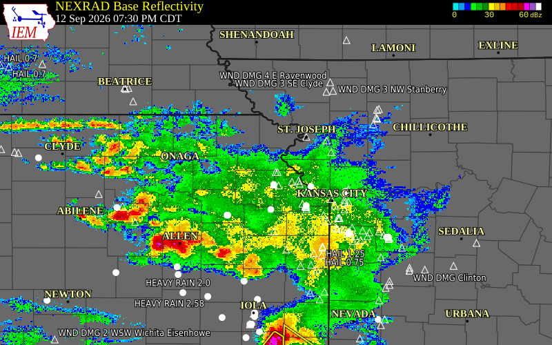 Current NEXRAD radar over Leavenworth County, Kansas with recent storm report locations