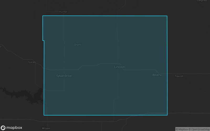 Map of Lincoln County, Kansas showing the county boundary and surrounding cities