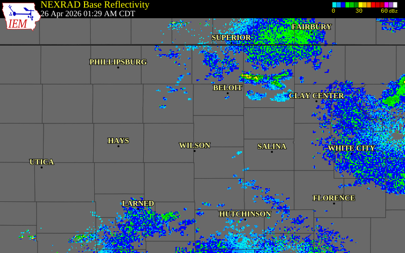 NEXRAD radar during the Sunday, April 26, 2026 storm activity in Lincoln County, Kansas