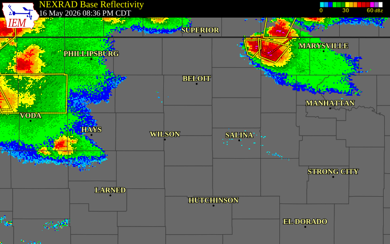 NEXRAD radar during the Saturday, May 16, 2026 storm activity in Lincoln County, Kansas