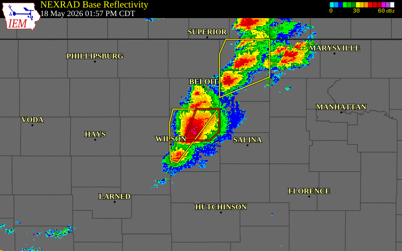 NEXRAD radar during the Monday, May 18, 2026 storm activity in Lincoln County, Kansas