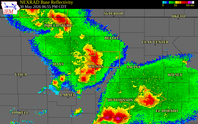 NEXRAD radar during the Saturday, May 30, 2026 storm activity in Lincoln County, Kansas
