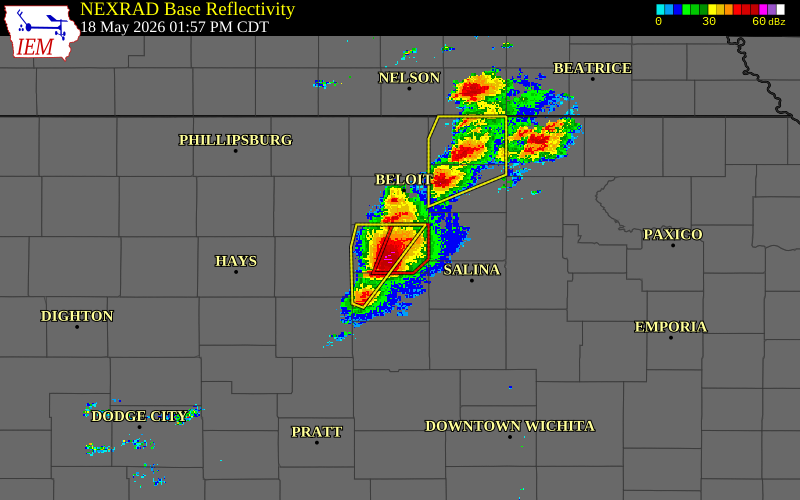 Radar snapshot during the May 18, 2026 hail event near Lincoln, Lincoln County, Kansas, with NWS warning polygons