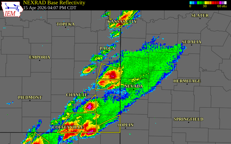 NEXRAD radar during the Wednesday, April 15, 2026 storm activity in Linn County, Kansas