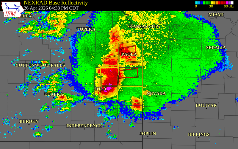 NEXRAD radar during the Sunday, April 26, 2026 storm activity in Linn County, Kansas