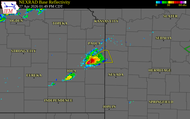 NEXRAD radar during the Monday, April 27, 2026 storm activity in Linn County, Kansas