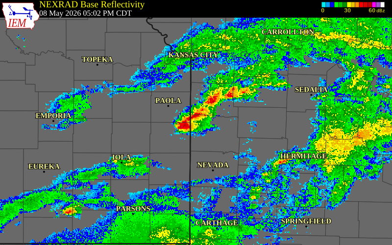 NEXRAD radar during the Friday, May 8, 2026 storm activity in Linn County, Kansas