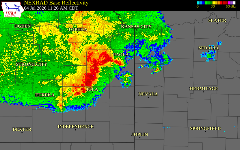NEXRAD radar during the Saturday, July 4, 2026 storm activity in Linn County, Kansas