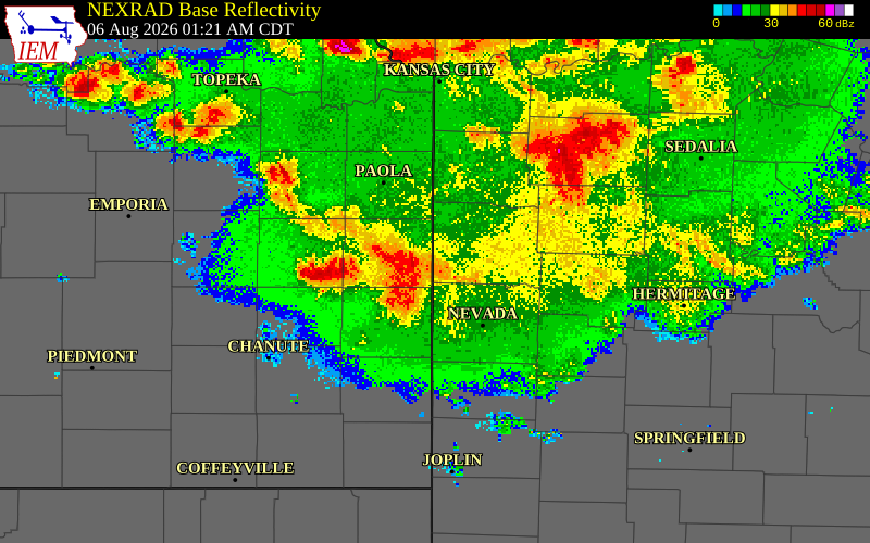 NEXRAD radar during the Thursday, August 6, 2026 storm activity in Linn County, Kansas
