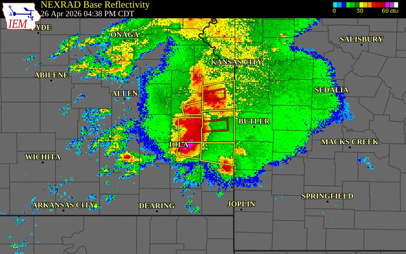Radar snapshot during the Apr 26, 2026 tornado event near 6 SW Parker, Linn County, Kansas, with NWS warning polygons
