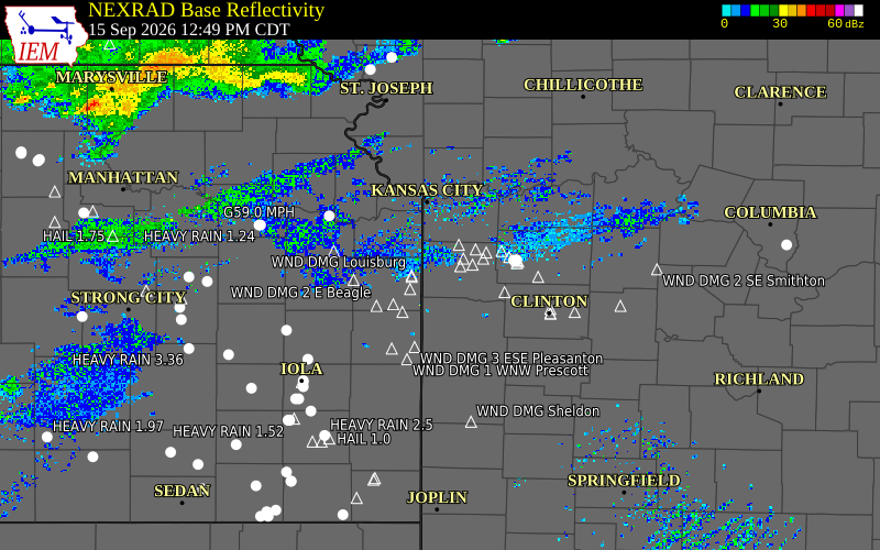 Current NEXRAD radar over Linn County, Kansas with recent storm report locations
