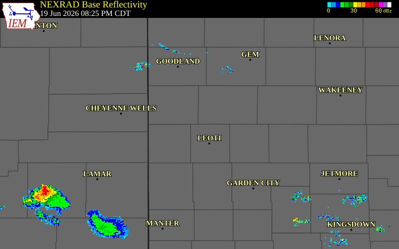 NEXRAD radar during the Friday, June 19, 2026 storm activity in Logan County, Kansas