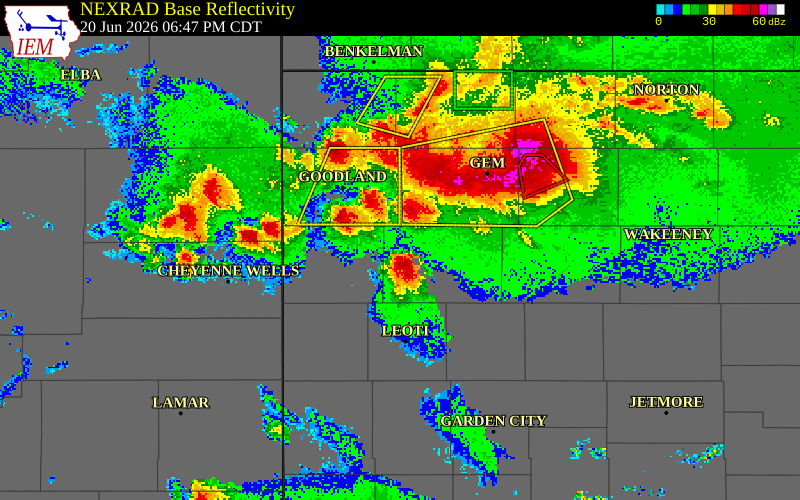 NEXRAD radar during the Saturday, June 20, 2026 storm activity in Logan County, Kansas