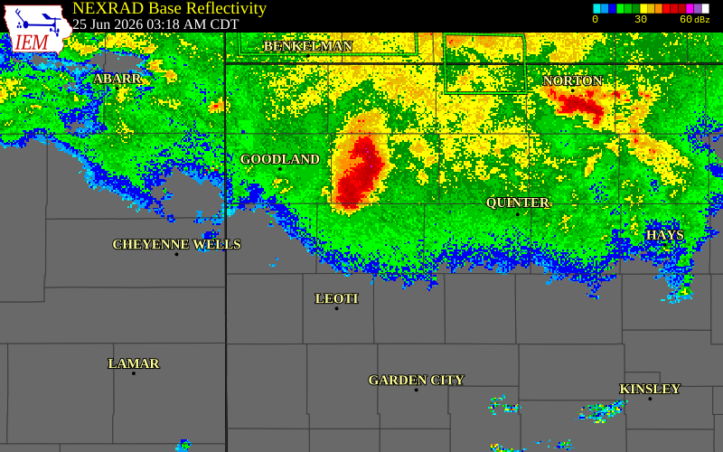 NEXRAD radar during the Thursday, June 25, 2026 storm activity in Logan County, Kansas