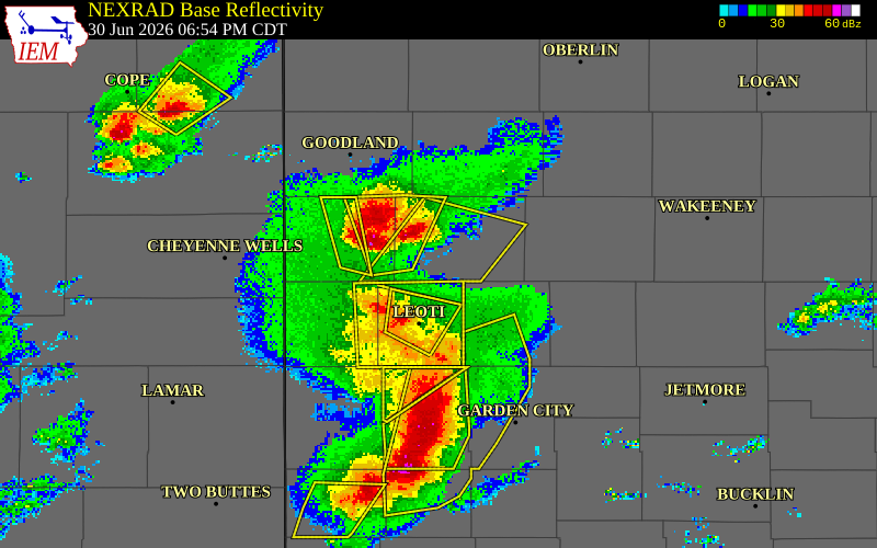 NEXRAD radar during the Tuesday, June 30, 2026 storm activity in Logan County, Kansas