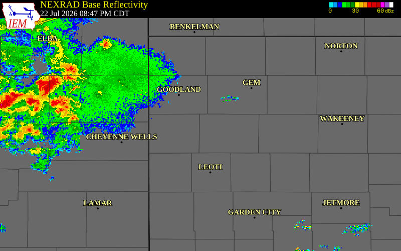 NEXRAD radar during the Wednesday, July 22, 2026 storm activity in Logan County, Kansas