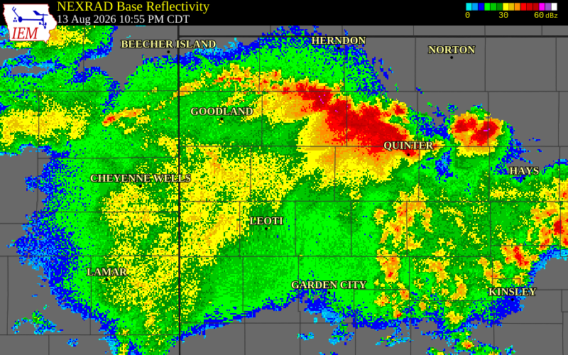 NEXRAD radar during the Thursday, August 13, 2026 storm activity in Logan County, Kansas