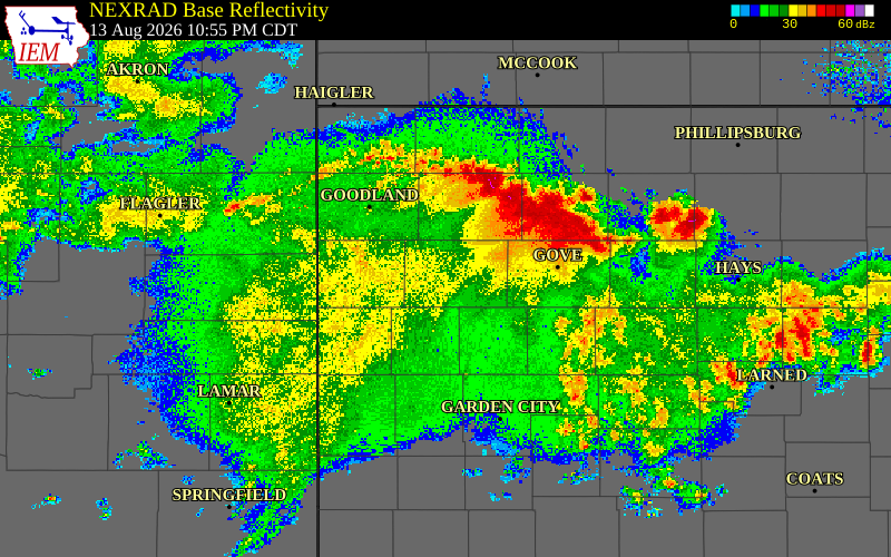 Radar snapshot during the Aug 13, 2026 wind event near 3 SW Russell Springs, Logan County, Kansas, with NWS warning polygons