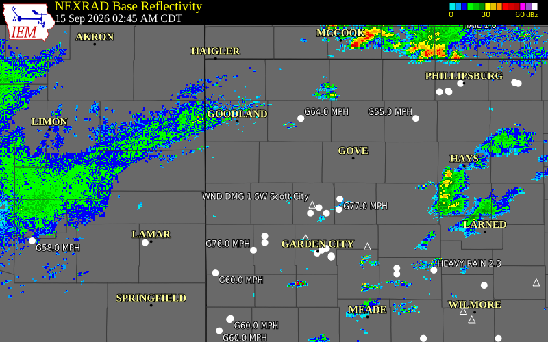 Current NEXRAD radar over Logan County, Kansas with recent storm report locations