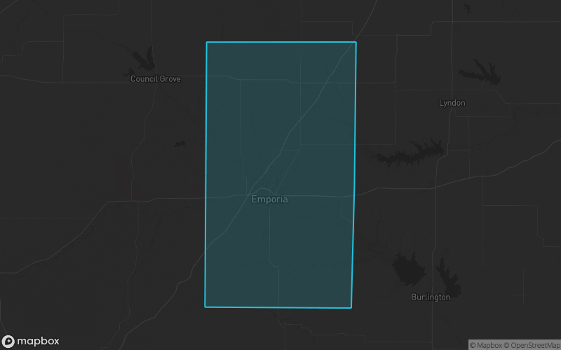 Map of Lyon County, Kansas showing the county boundary and surrounding cities