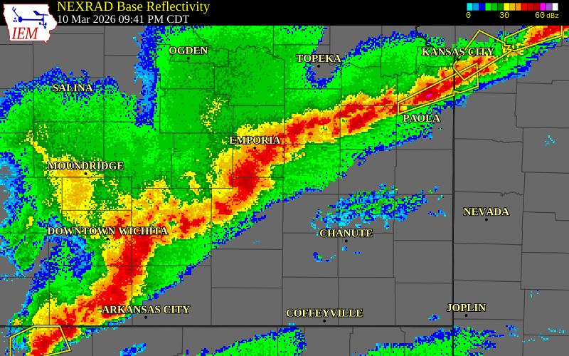 NEXRAD radar during the Tuesday, March 10, 2026 storm activity in Lyon County, Kansas