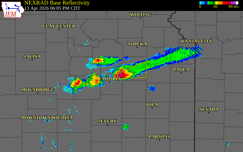 NEXRAD radar during the Monday, April 13, 2026 storm activity in Lyon County, Kansas