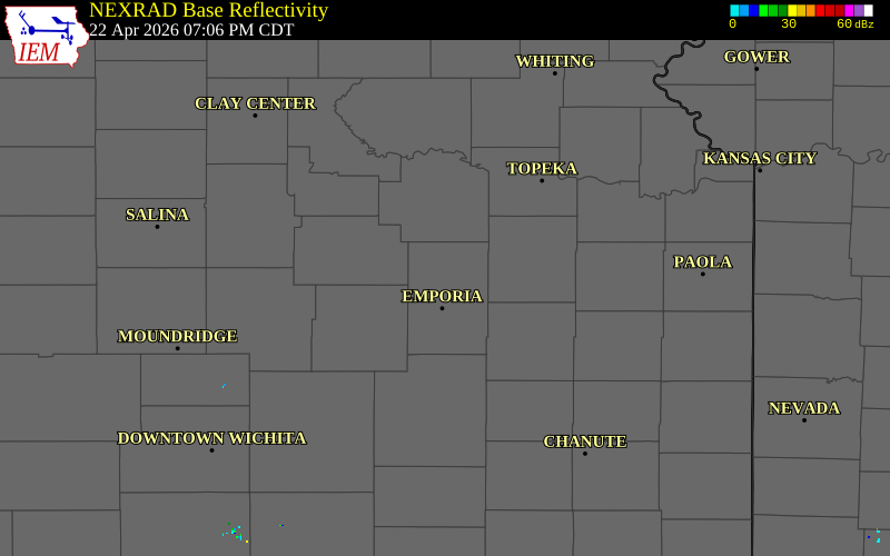 NEXRAD radar during the Wednesday, April 22, 2026 storm activity in Lyon County, Kansas
