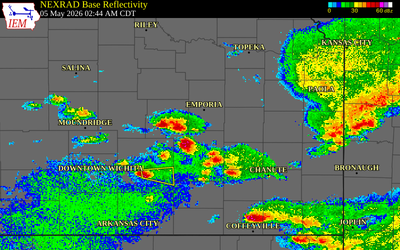 NEXRAD radar during the Tuesday, May 5, 2026 storm activity in Lyon County, Kansas