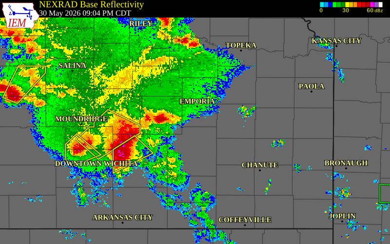 NEXRAD radar during the Saturday, May 30, 2026 storm activity in Lyon County, Kansas