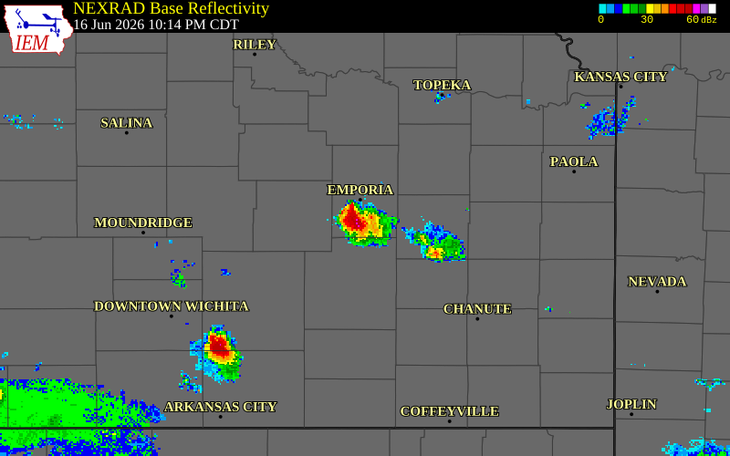 NEXRAD radar during the Tuesday, June 16, 2026 storm activity in Lyon County, Kansas