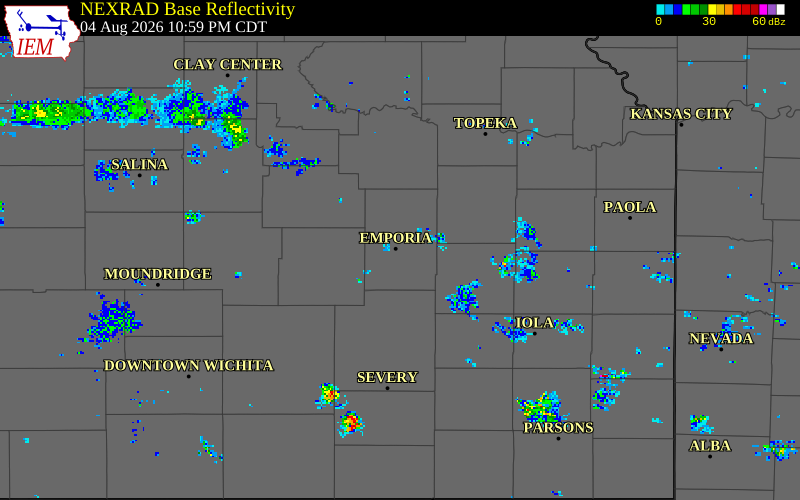NEXRAD radar during the Tuesday, August 4, 2026 storm activity in Lyon County, Kansas