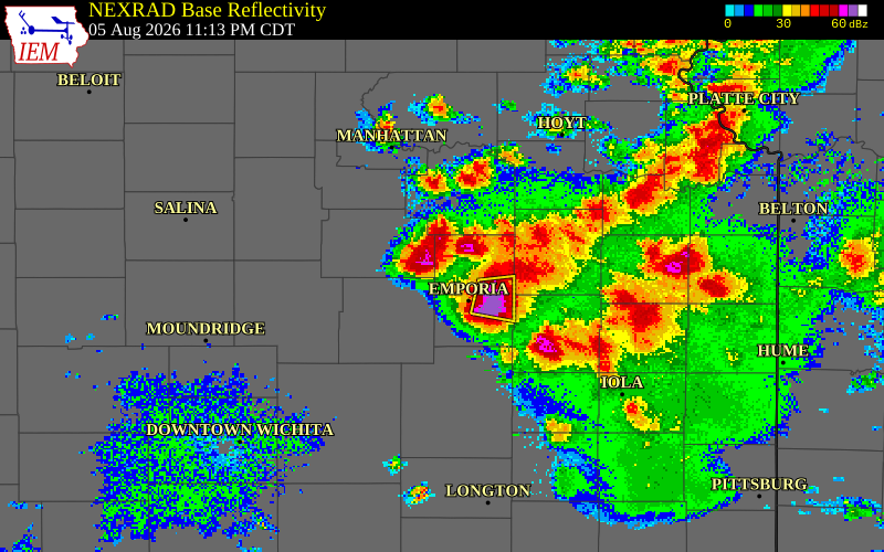 NEXRAD radar during the Wednesday, August 5, 2026 storm activity in Lyon County, Kansas