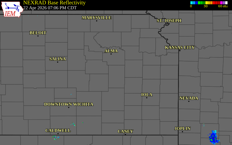 Radar snapshot during the Apr 22, 2026 tornado event near 6 S Allen, Lyon County, Kansas, with NWS warning polygons