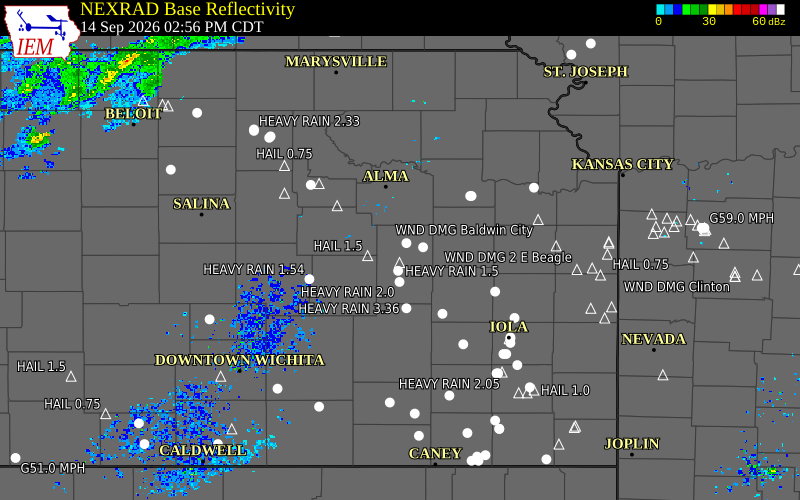 Current NEXRAD radar over Lyon County, Kansas with recent storm report locations