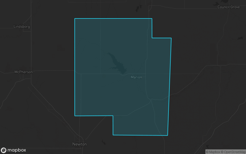 Map of Marion County, Kansas showing the county boundary and surrounding cities