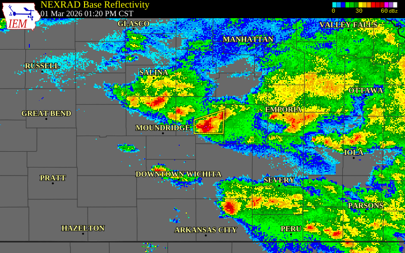 NEXRAD radar during the Sunday, March 1, 2026 storm activity in Marion County, Kansas